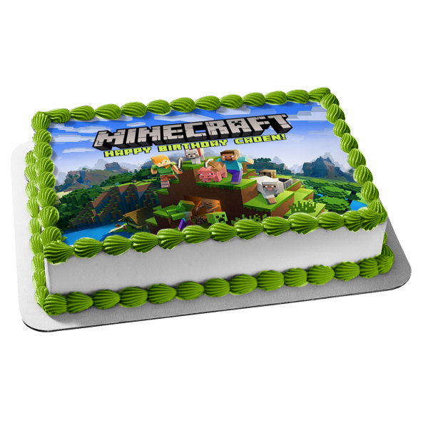 Minecraft Steve Creepers Pig Dog Mountains Edible Cake Topper Image ABPID51089