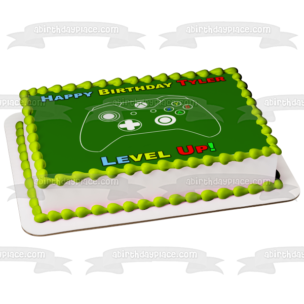 Controlador XBox Sube de nivel Feliz cumpleaños Tu nombre personalizado Imagen comestible para decoración de tarta ABPID53012 