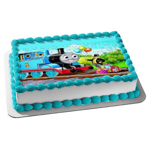 Thomas and Friends Thomas the Tank Engine Happy Birthday Balloons Presents and Confetti Edible Cake Topper Image ABPID06611