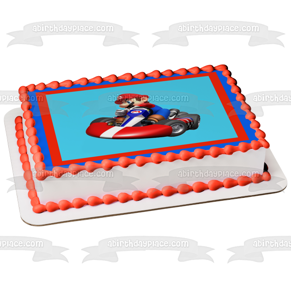 Mario Kart Mario Red Blue Border Edible Cake Topper Image ABPID04092