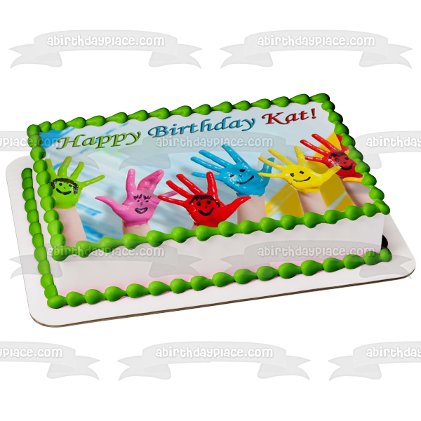 Happy Birthday Hands Customizable Paint Smiley Face Edible Cake Topper Image ABPID53539