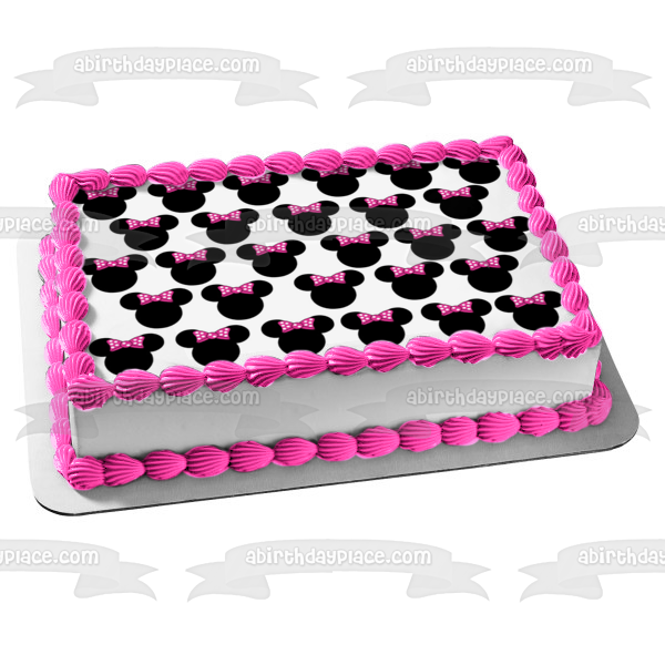 Minnie Mouse Heads Pink Polka Dot Bow Tile Background Edible Cake Topper Image ABPID04244