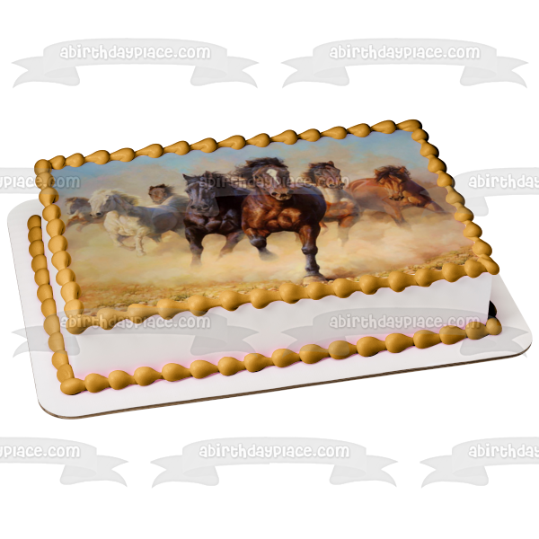 Imagen de decoración comestible para tarta con manada de caballos salvajes, color marrón y crema, ABPID04434 