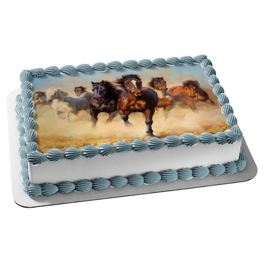 Imagen de decoración comestible para tarta con manada de caballos salvajes, color marrón y crema, ABPID04434 