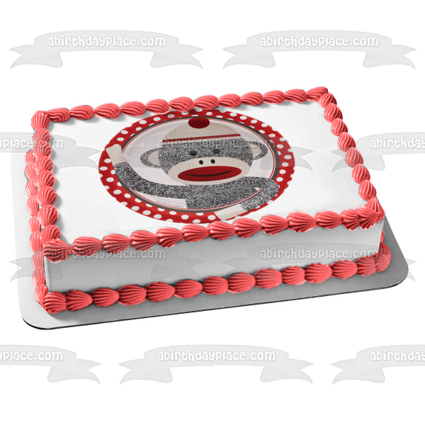 Grey Sock Monkey with a  Red and White Polka Dot Background Edible Cake Topper Image ABPID04517