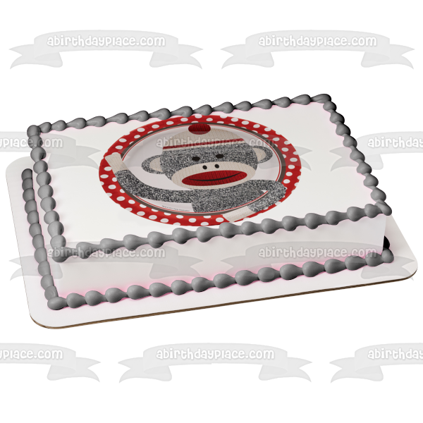 Grey Sock Monkey with a  Red and White Polka Dot Background Edible Cake Topper Image ABPID04517