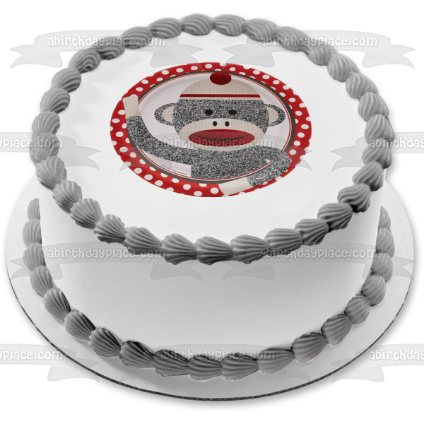 Grey Sock Monkey with a  Red and White Polka Dot Background Edible Cake Topper Image ABPID04517