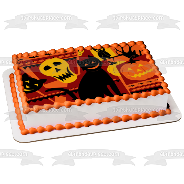 Halloween Black Cat Jack-O-Lantern Skull and Owl Edible Cake Topper Image ABPID04519