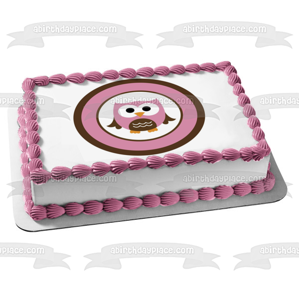 Cute Owl Pink and Brown Circle Edible Cake Topper Image ABPID04567