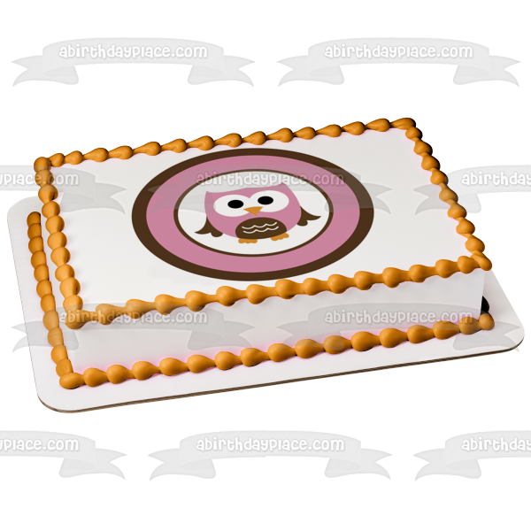 Cute Owl Pink and Brown Circle Edible Cake Topper Image ABPID04567