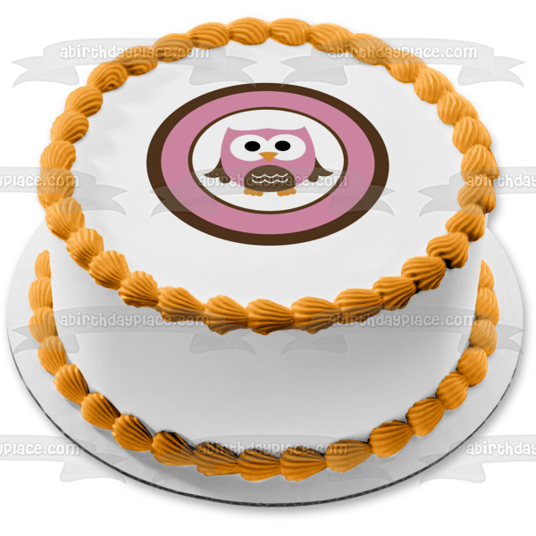 Cute Owl Pink and Brown Circle Edible Cake Topper Image ABPID04567