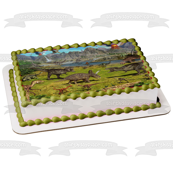 Dinosaurios Roaming Volcano Brontosaurus Tyrannosaurus Rex Velociraptor y Ankylosaurian Edible Cake Topper Imagen ABPID07072 