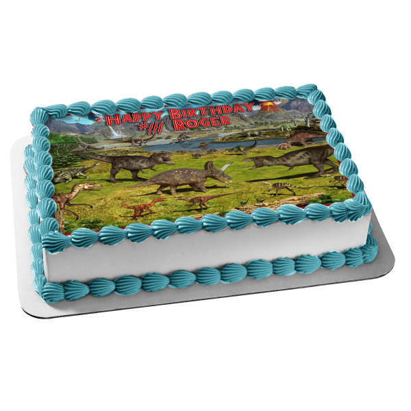 Dinosaurs Roaming Volcano Brontosaurus Tyrannosaurus Rex Velociraptor Ankylosaurian Edible Cake Topper Image ABPID07072