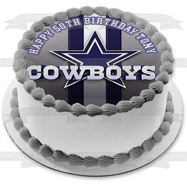 Imagen comestible para decoración de tarta con logotipo de los Dallas Cowboys, fútbol americano, NFL, fondo de rayas azules, ABPID27776 