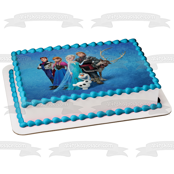 Frozen Anna Elsa Olaf Sven Kristoff and a Blue Background Edible Cake Topper Image ABPID04654