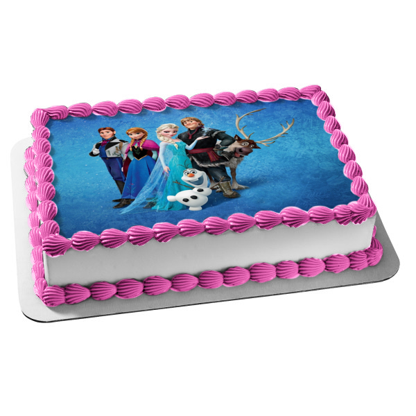 Disney Frozen Anna Elsa Olaf Sven Kristoff Blue Background Edible Cake Topper Image ABPID04654