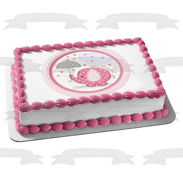 Pink Elephant Umbrella Baby Shower Raining Hearts Edible Cake Topper Image ABPID04689