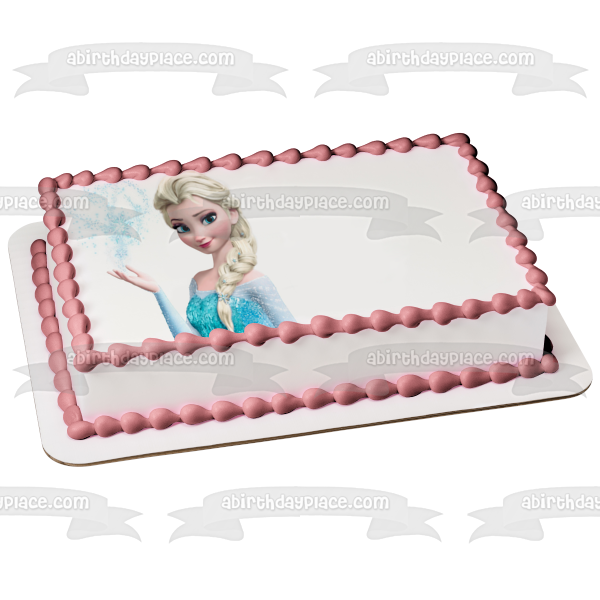 Imagen comestible para decoración de tarta comestible de Elsa de Frozen haciendo nieve con fondo blanco ABPID04792 