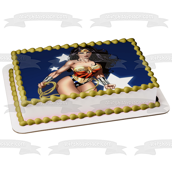 Adorno comestible para tarta de Mujer Maravilla con fondo azul y estrellas blancas Imagen ABPID04837 