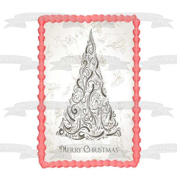 Merry Christmas Paisley Tree Background Scetches Roses Edible Cake Topper Image ABPID04846