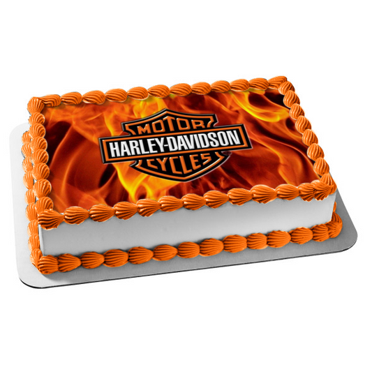 Harley-Davidson Motor Cycles Logo Fondo llameante Imagen comestible para decoración de tarta ABPID04864 