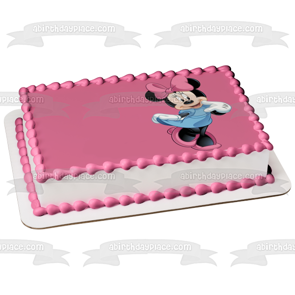 Adorno comestible para tarta con vestido azul de Minnie Mouse y fondo rosa Imagen ABPID04867 