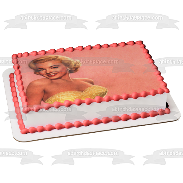 Marilyn Monroe Wearing a Gold Dress with a Pink Background Edible Cake Topper Image ABPID04988