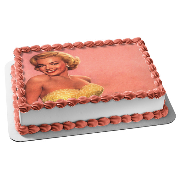 Marilyn Monroe Gold Dress Pink Background Edible Cake Topper Image ABPID04988