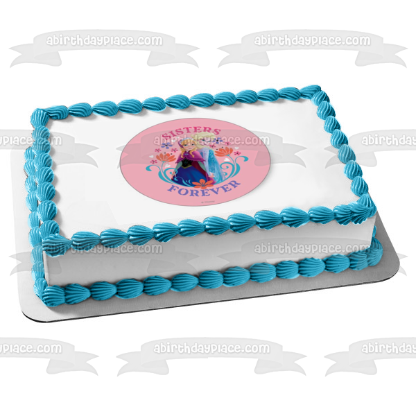 Imagen de decoración comestible para tarta de Frozen Anna Elsa Sisters Forever con flores ABPID04995 