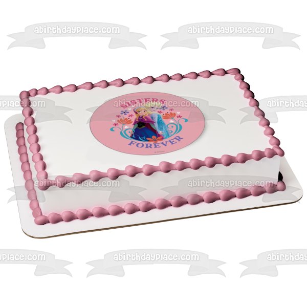 Imagen de decoración comestible para tarta de Frozen Anna Elsa Sisters Forever con flores ABPID04995 