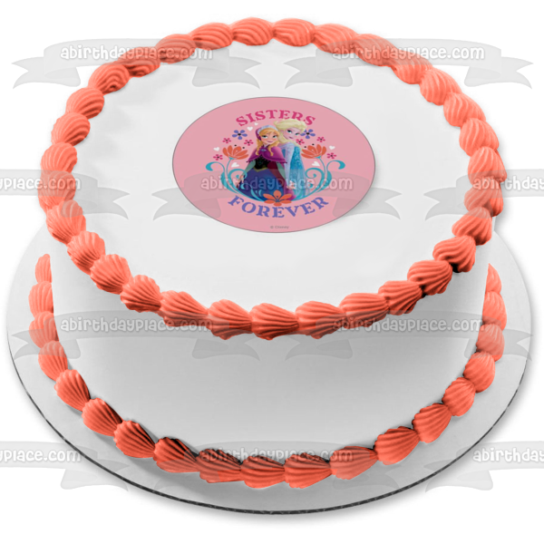 Imagen de decoración comestible para tarta de Frozen Anna Elsa Sisters Forever con flores ABPID04995 