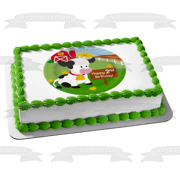 Feliz segundo cumpleaños, granja y una vaca, decoración comestible para tarta, imagen ABPID05010 