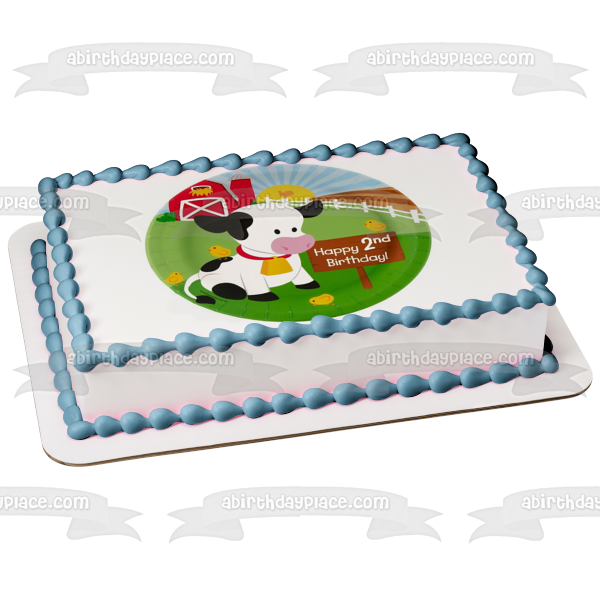 Feliz segundo cumpleaños, granja y una vaca, decoración comestible para tarta, imagen ABPID05010 