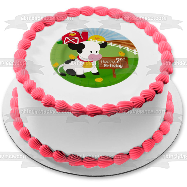 Feliz segundo cumpleaños, granja y una vaca, decoración comestible para tarta, imagen ABPID05010 