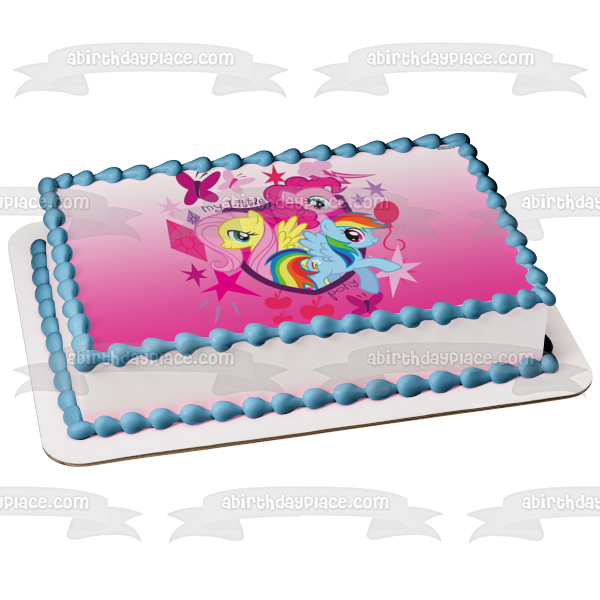 Adorno comestible para tarta My Little Pony Equestria Girls Rainbow Dash Fluttershy Pinkie Pie y mariposas Imagen ABPID05121 