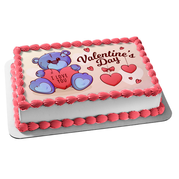 Happy Valentine's Day Stuffed Bear Hearts "I Love You" Edible Cake Topper Image ABPID53574