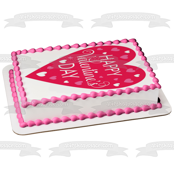 Happy Valentine's Day Pink Hearts Edible Cake Topper Image ABPID53576