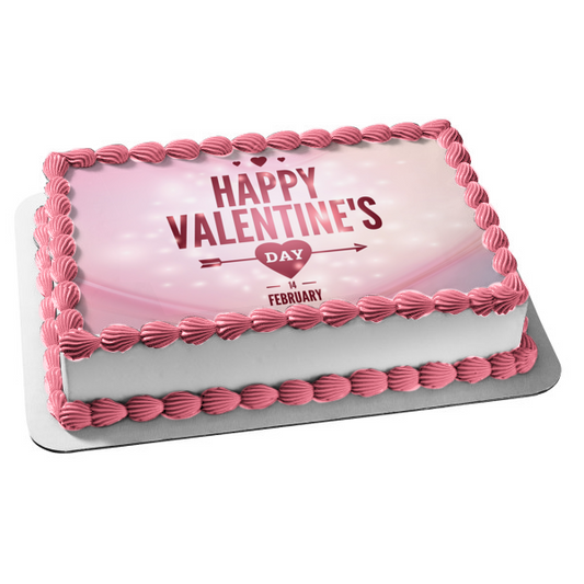 Happy Valentine's Day Pink Hearts February 14th Edible Cake Topper Image ABPID53579