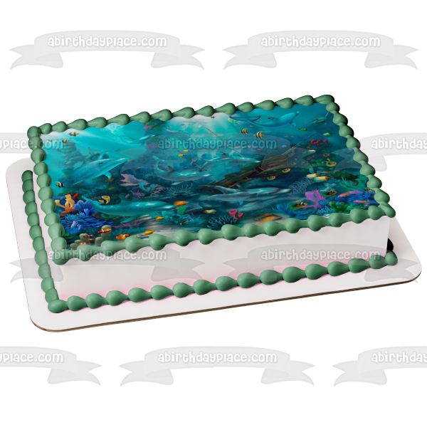 Bajo el mar, delfines, peces y un naufragio, decoración comestible para tarta, imagen ABPID05266 