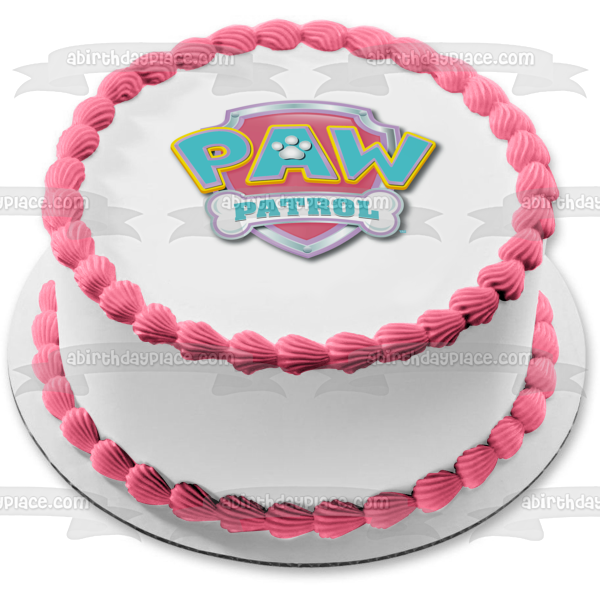 Adorno comestible para tarta con el logotipo de Paw Patrol en azul pastel y rosa, imagen ABPID05403 