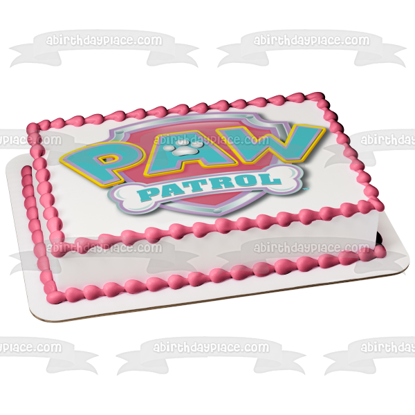 Adorno comestible para tarta con el logotipo de Paw Patrol en azul pastel y rosa, imagen ABPID05403 