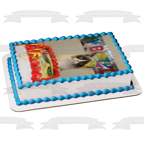 Feliz cumpleaños, gato gruñón y un cartel, adorno comestible para tarta, imagen ABPID05461 