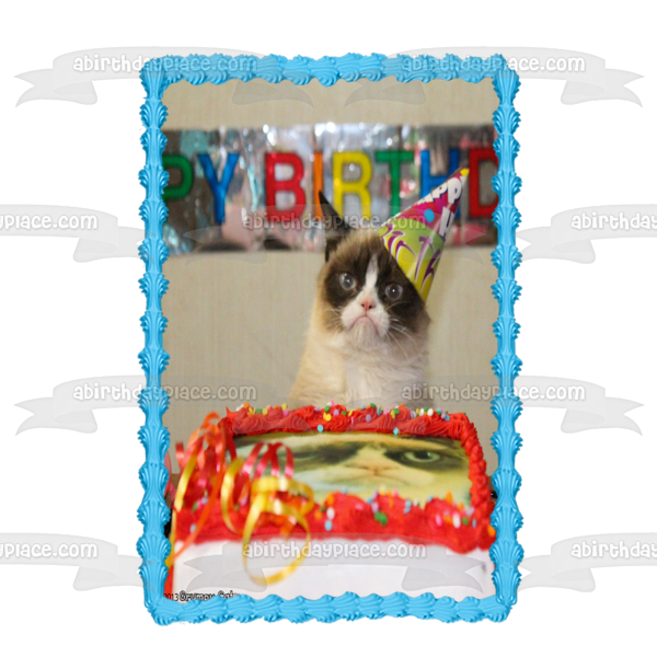 Feliz cumpleaños, gato gruñón y un cartel, adorno comestible para tarta, imagen ABPID05461 