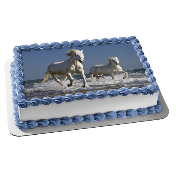 White Horses Running In Water Edible Cake Topper Image ABPID05551