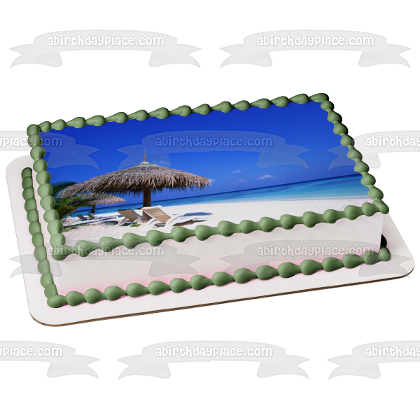 Paisaje de playa, arena, océano y sillas de playa, decoración comestible para tarta, imagen ABPID05558 