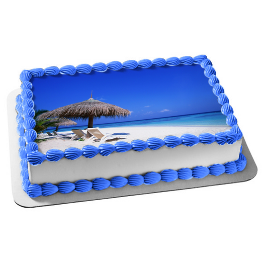 Paisaje de playa, arena, océano y sillas de playa, decoración comestible para tarta, imagen ABPID05558 