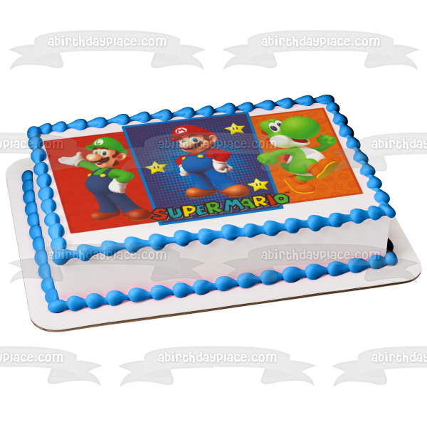 Imagen comestible para tarta de Super Mario Brothers Luigi Yoshi y estrellas ABPID05569 