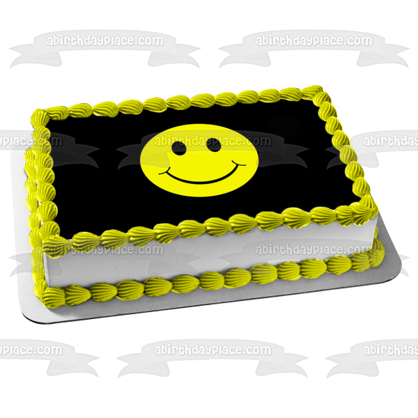 Emoji Smiley Face Black and Yellow Edible Cake Topper Image ABPID05594