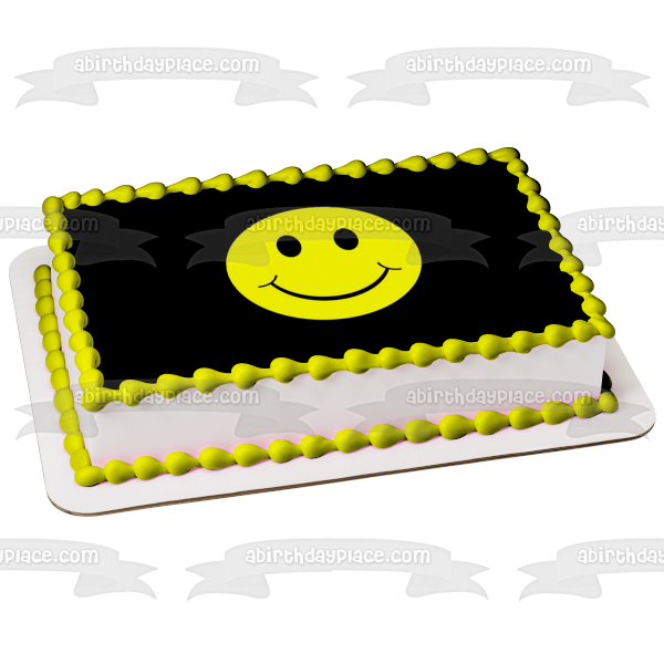 Emoji Smiley Face Black and Yellow Edible Cake Topper Image ABPID05594