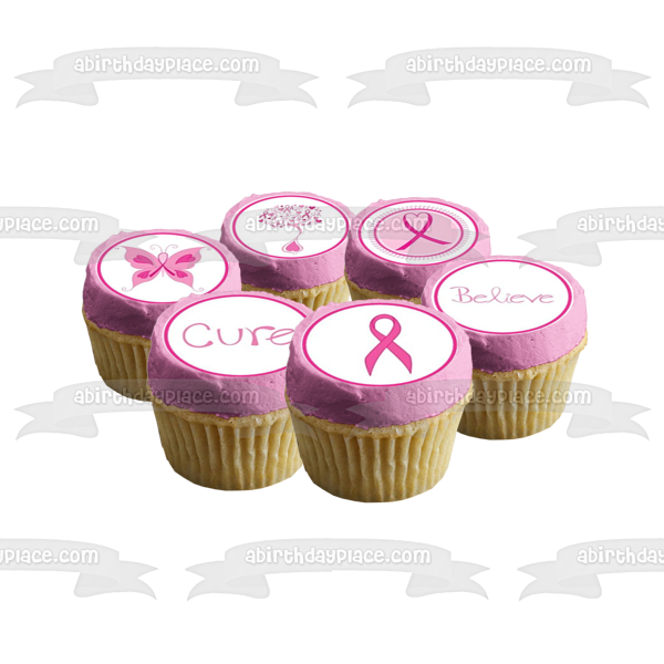 Breast Cancer Awareness Believe Cure Pink Ribbons and Butterflies Edible Cupcake Topper Images ABPID00499